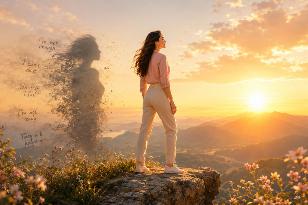 Woman Overcome Self-Doubt and embracing confidence at sunrise.