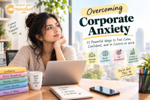 women Overcoming Corporate Anxiety and feeling calm and happy.